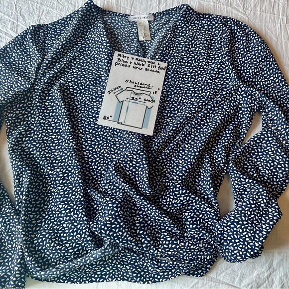 MILEY+MOLLY Surplice Tie Back long sleeve loose fit blouse top. Navy/white Large - Picture 9 of 11